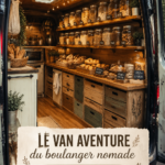Intérieur d'un fourgon aménagé pour la pâtisserie, avec des ustensiles de cuisine et un plan de travail.