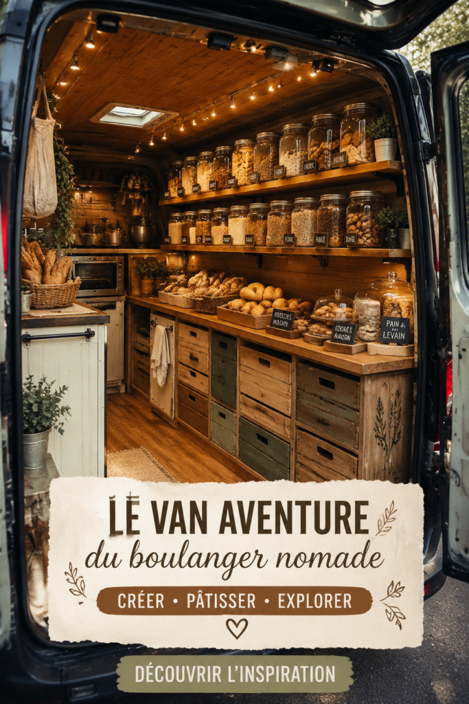 Intérieur d'un fourgon aménagé pour la pâtisserie, avec des ustensiles de cuisine et un plan de travail.