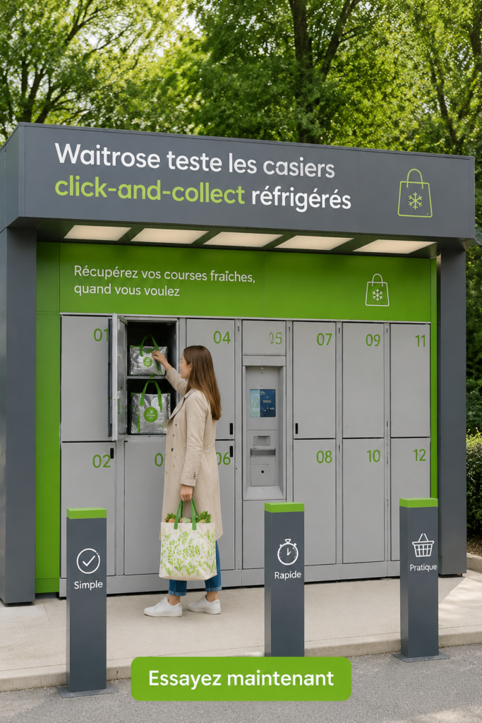 Un casier réfrigéré de Waitrose rempli de produits frais prêts à être collectés.