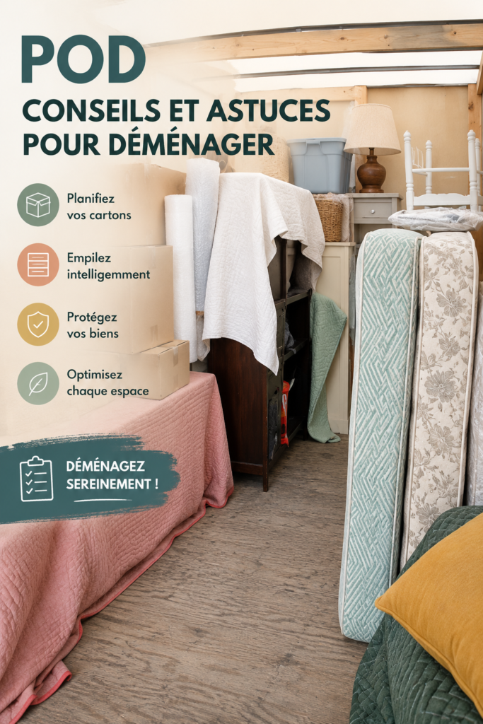 Un espace de vie bien organisé pour un déménagement réussi avec des cartons étiquetés et rangés.