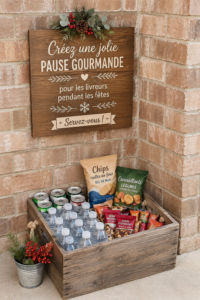 Bar à collations festif préparé pour les livreurs, avec des snacks variés et une belle présentation.
