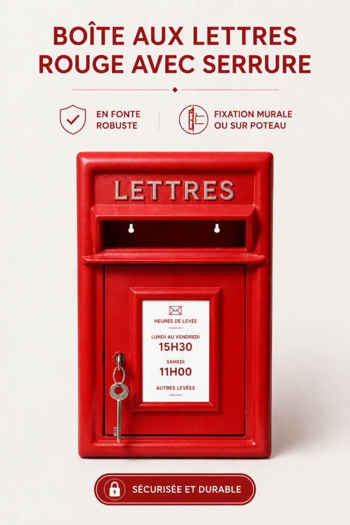Boîte aux lettres rouge en fonte avec verrou sur un mur extérieur