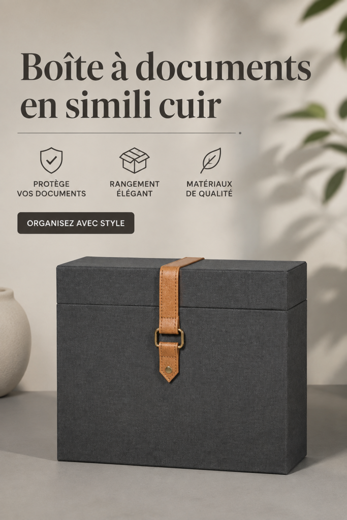 Boîte à documents en simili-cuir sur un bureau bien organisé