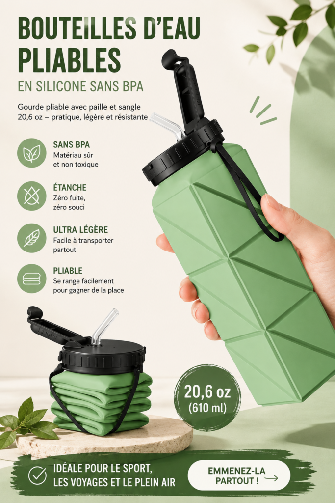 Bouteille pliable et colorée en silicone pour activités de plein air