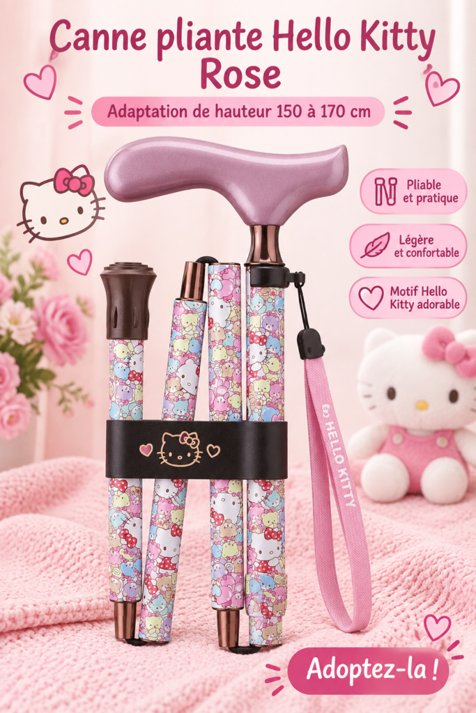 Canne pliable Hello Kitty de couleur rose avec motif adorable, idéale pour le soutien au quotidien.