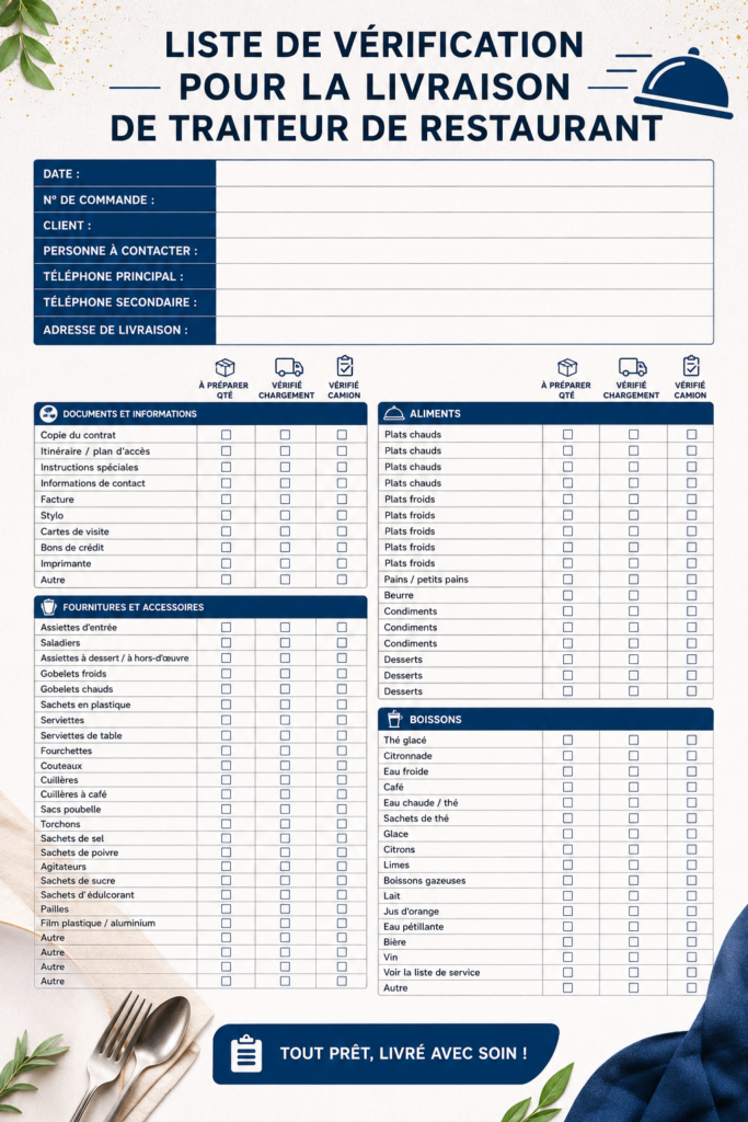 Checklist de livraison traiteur sur une table