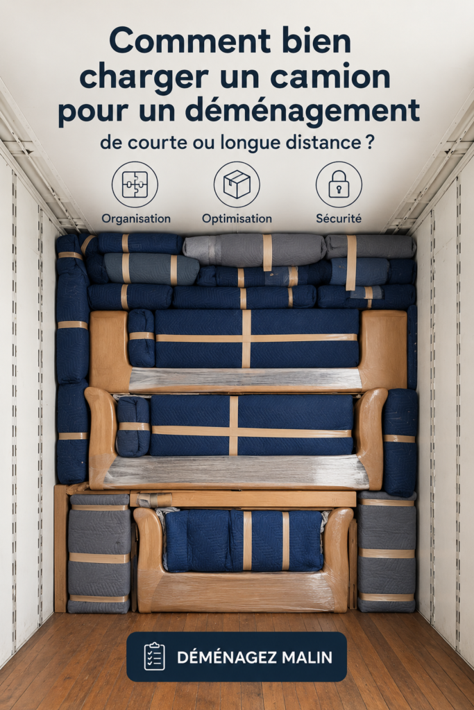 Un camion de déménagement bien chargé avec des meubles et des cartons