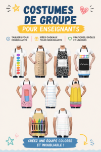 Une enseignante souriante portant un costume coloré d'Halloween devant sa classe.