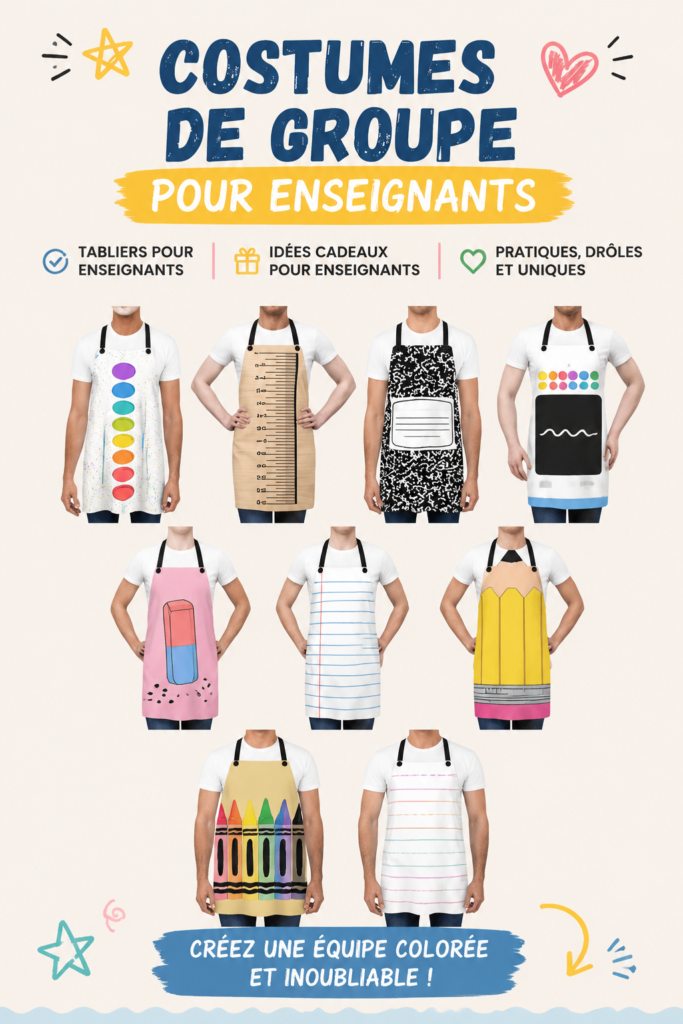 Une enseignante souriante portant un costume coloré d'Halloween devant sa classe.