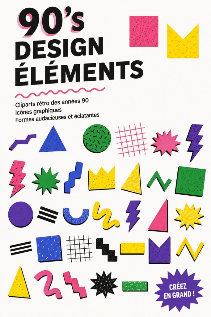 Décoration intérieure inspirée des années 90 avec des couleurs vives et des formes géométriques.