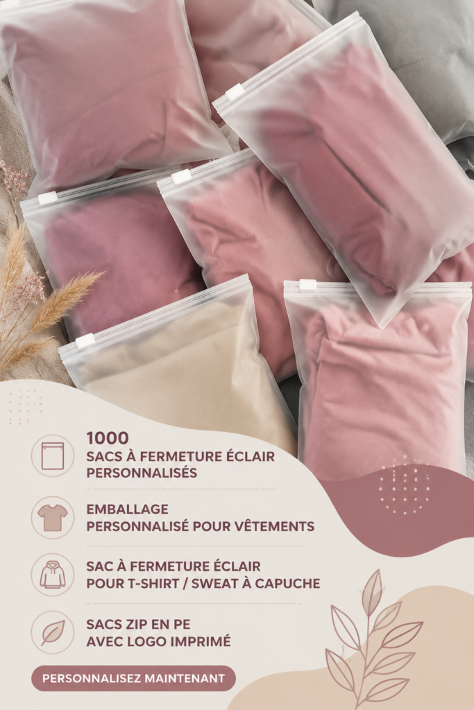 Emballages personnalisés pour vêtements en sachets zippés.