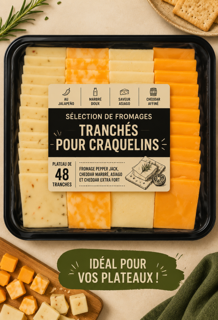 Un plateau avec une variété de fromages en tranches, prêt à être dégusté.