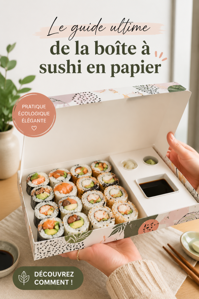 Boîte à sushi en papier décorée avec soin, prête à être servie.
