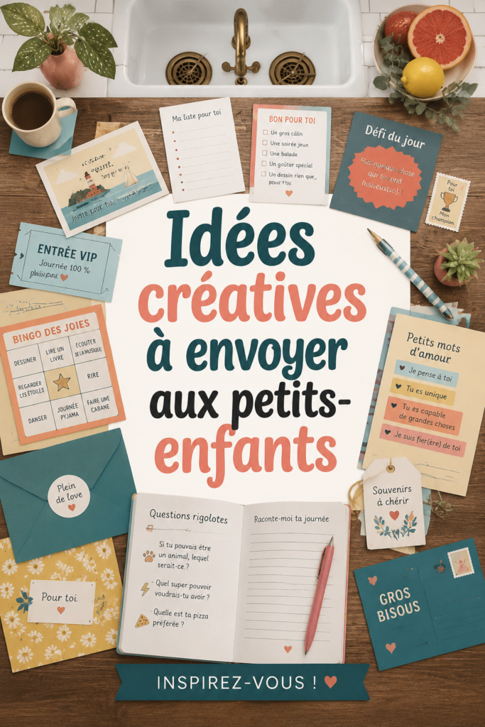 Des idées d'envois créatifs pour petits-enfants illustrées par des colis colorés.