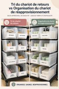 Chariot bien organisé avec divers compartiments pour un rangement optimal.