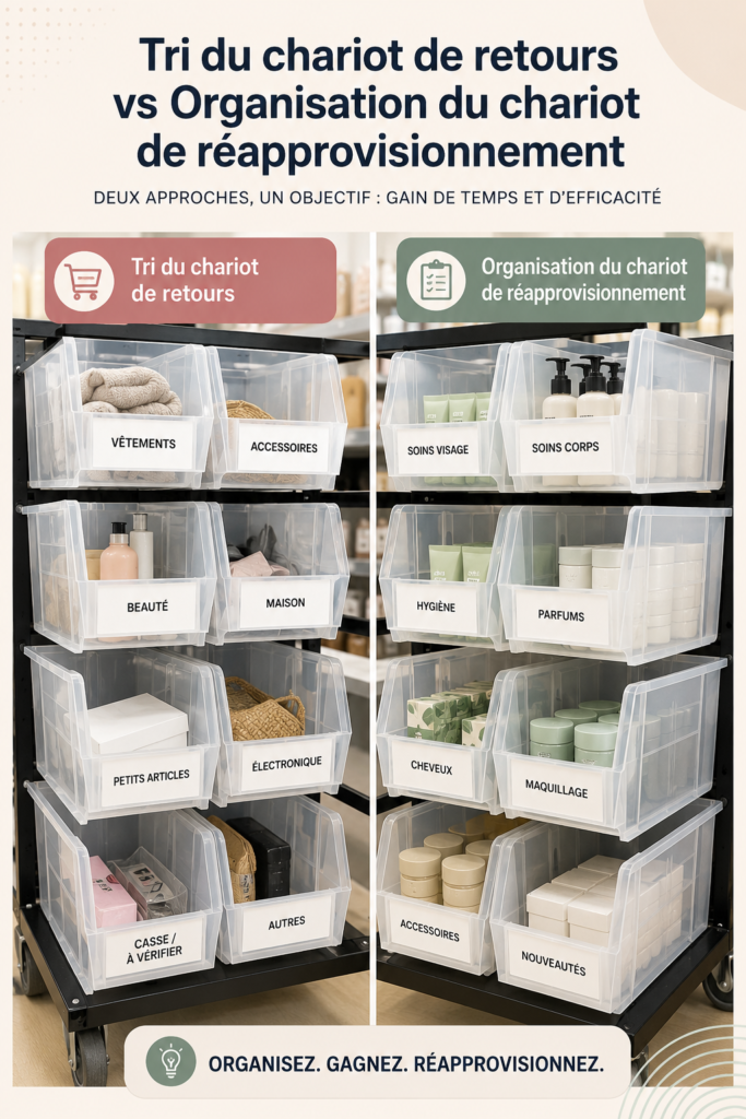 Chariot bien organisé avec divers compartiments pour un rangement optimal.