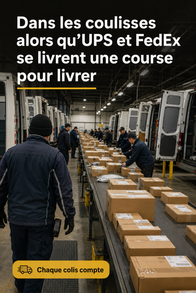 Colis en attente de livraison avec le logo d'UPS et FedEx visibles