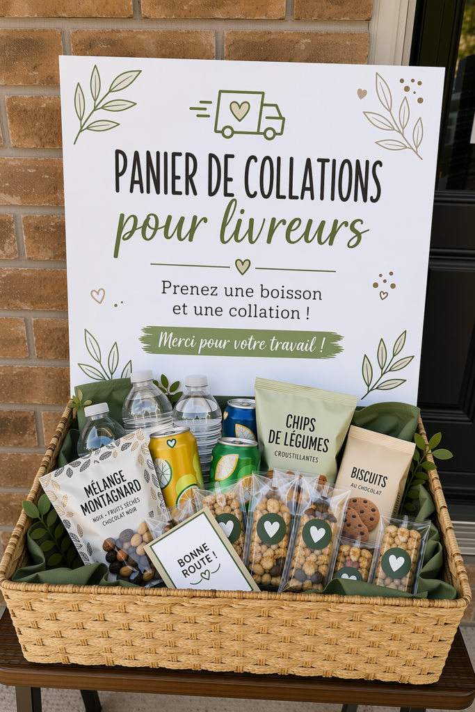 Panier rempli de snacks variés prêt à être offert à un livreur