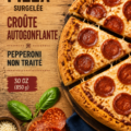 Pizza congelée à pâte qui lève prête à être cuite, avec des garnitures appétissantes