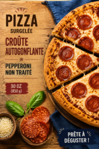Pizza congelée à pâte qui lève prête à être cuite, avec des garnitures appétissantes