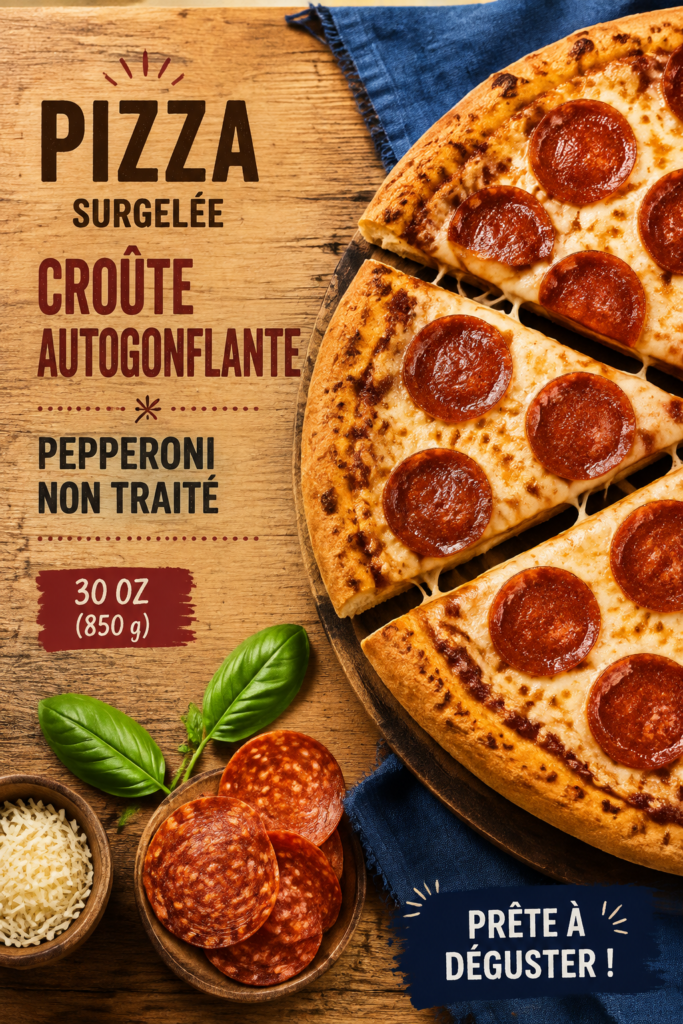 Pizza congelée à pâte qui lève prête à être cuite, avec des garnitures appétissantes