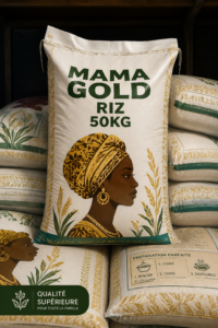 Sac de riz Mama Gold 50kg sur un plan de travail en cuisine.