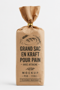 Sac à pain en lin sur un plan de travail moderne, illustrant l'organisation de la cuisine.