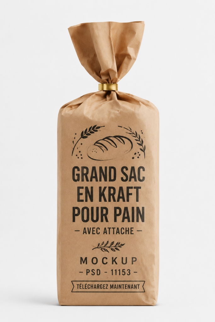 Sac à pain en lin sur un plan de travail moderne, illustrant l'organisation de la cuisine.