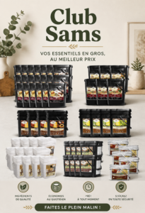Une femme heureuse faisant ses courses chez Sam's Club avec des marques connues en promotion.