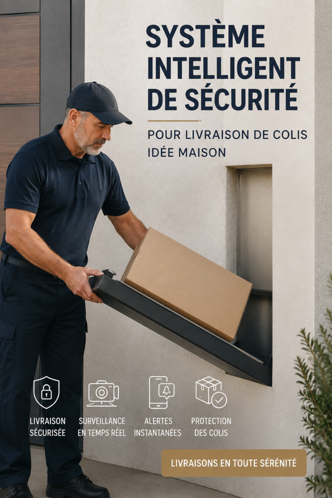 Système de sécurité pour livraisons de colis à domicile, caméra et coffre de livraison.