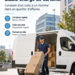 Un livreur dépose un colis devant une maison moderne, illustrant le service de livraison