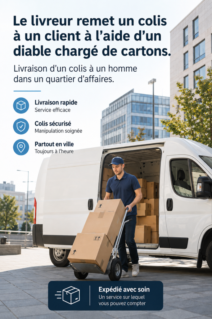 Un livreur dépose un colis devant une maison moderne, illustrant le service de livraison