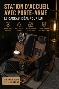 Station de docking en bois élégante sur un bureau, idéale pour le rangement.