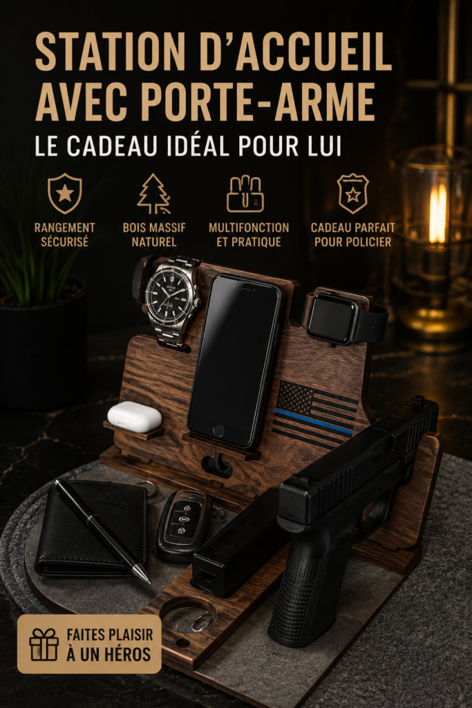Station de docking en bois élégante sur un bureau, idéale pour le rangement.