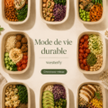 Illustration d'une maison écoresponsable avec des plantes et des éléments recyclés.