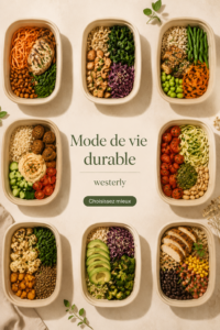 Illustration d'une maison écoresponsable avec des plantes et des éléments recyclés.