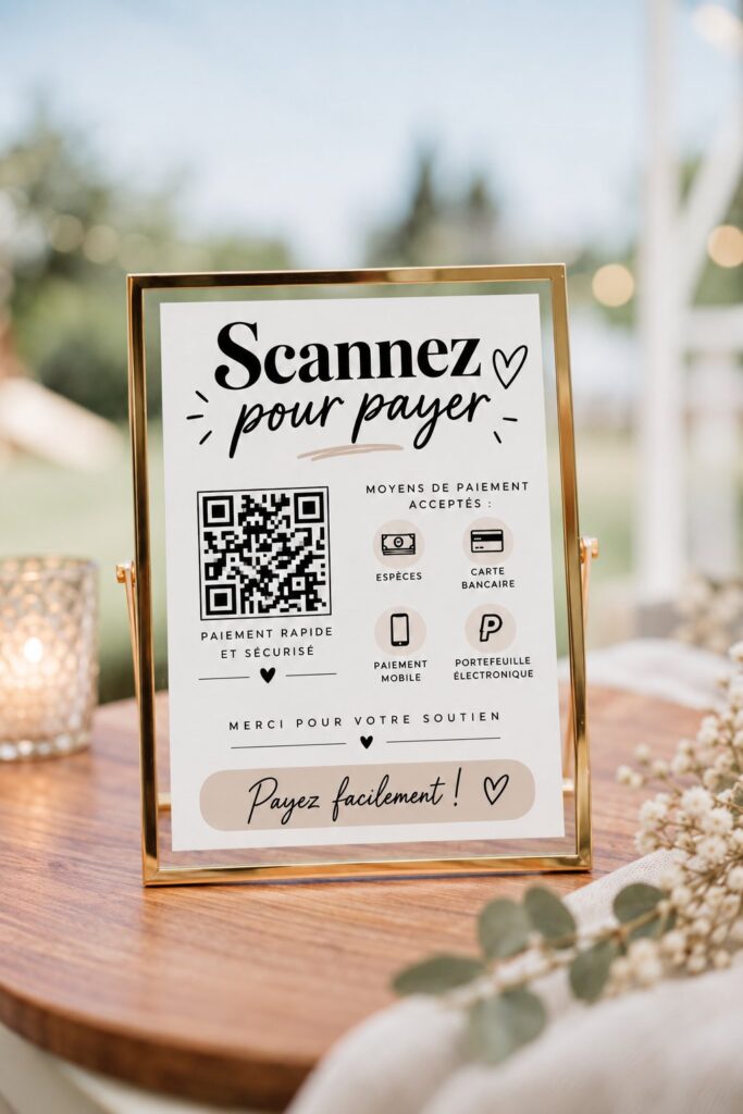 Affiche de paiement personnalisée avec QR code en bois élégant sur un comptoir.