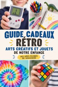 Un table des fournitures artistiques rétro et jouets vintage sur une table en bois