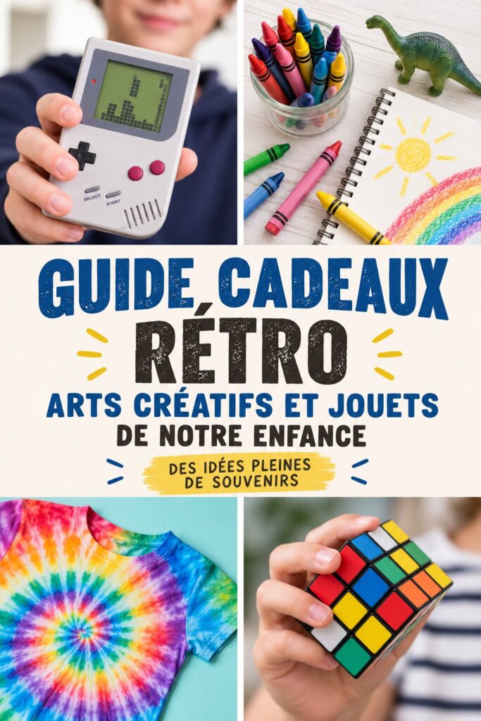Un table des fournitures artistiques rétro et jouets vintage sur une table en bois