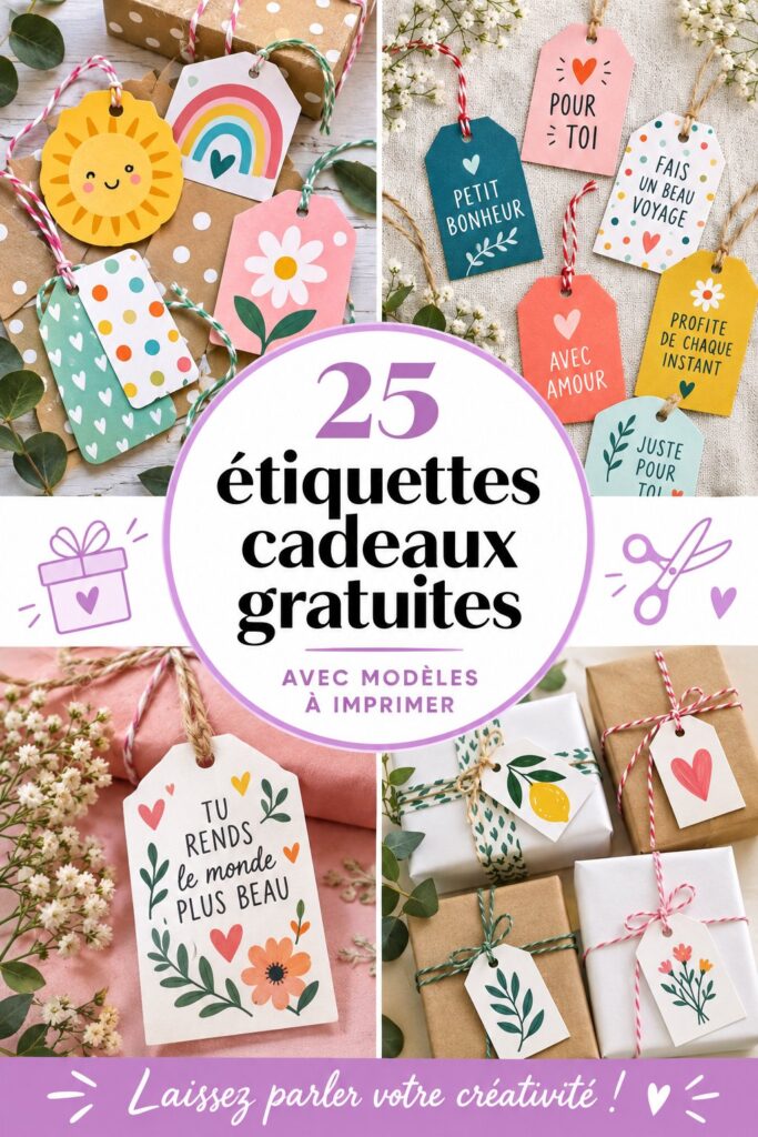 Une collection d'étiquettes cadeaux colorées à imprimer, conçues pour embellir vos paquets.