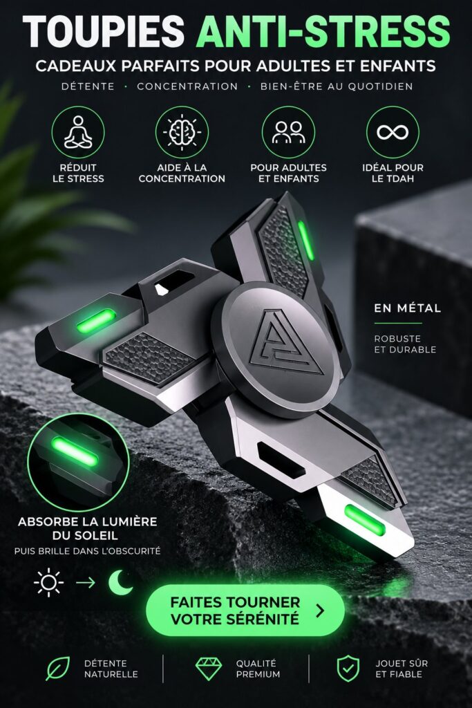 Fidget spinners colorés posés sur une table, symboles de détente.
