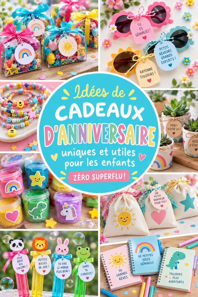 Une sélection de goodies colorés et pratiques pour enfants disposés sur une table de fête.