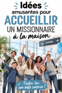 Un groupe de proches accueille joyeusement un missionnaire de retour chez lui avec des décorations festives.