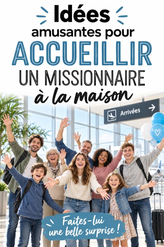 Un groupe de proches accueille joyeusement un missionnaire de retour chez lui avec des décorations festives.