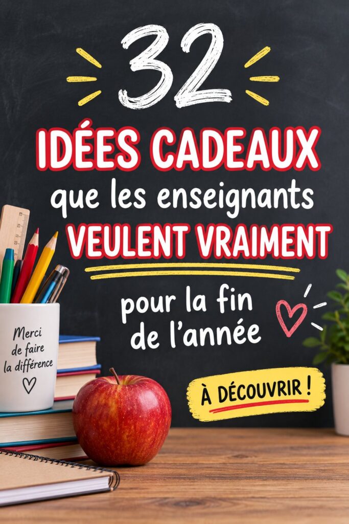 Idées de cadeaux pour enseignants en fin d'année scolaire, incluant des objets faits main et pratiques.