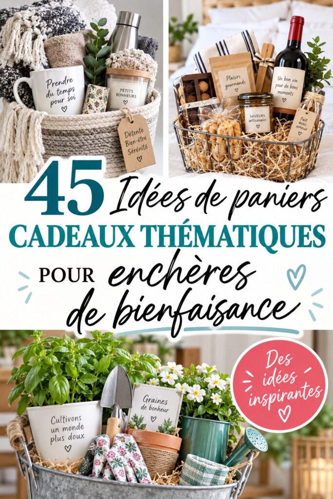Un panier cadeau thématique coloré préparé pour une enchère, rempli de produits variés.