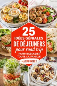 Un assortiment de repas emportés pour un road trip, incluant des salades et des sandwiches