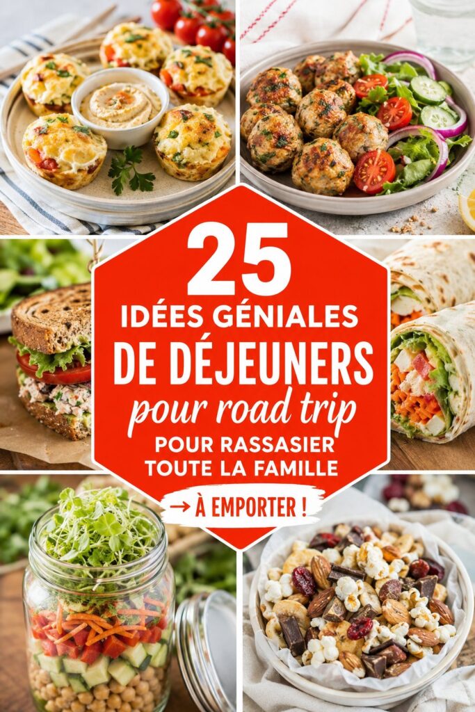 Un assortiment de repas emportés pour un road trip, incluant des salades et des sandwiches