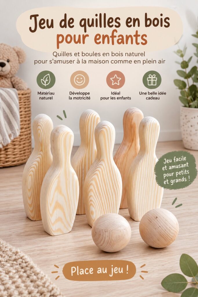 Jeu de bowling en bois pour enfants, parfait pour les activités extérieures.