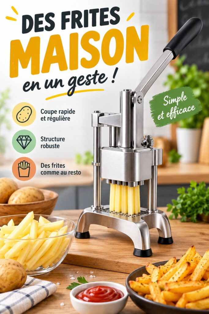 Machine à frites manuelle sur un plan de cuisine avec des pommes de terre